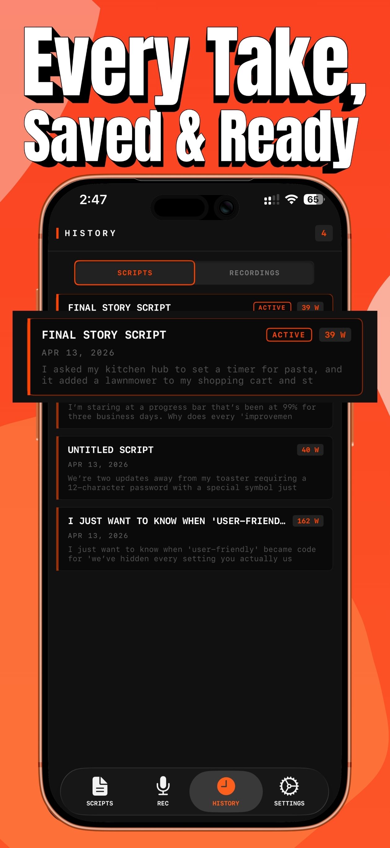 Lines screen: Every Take Saved