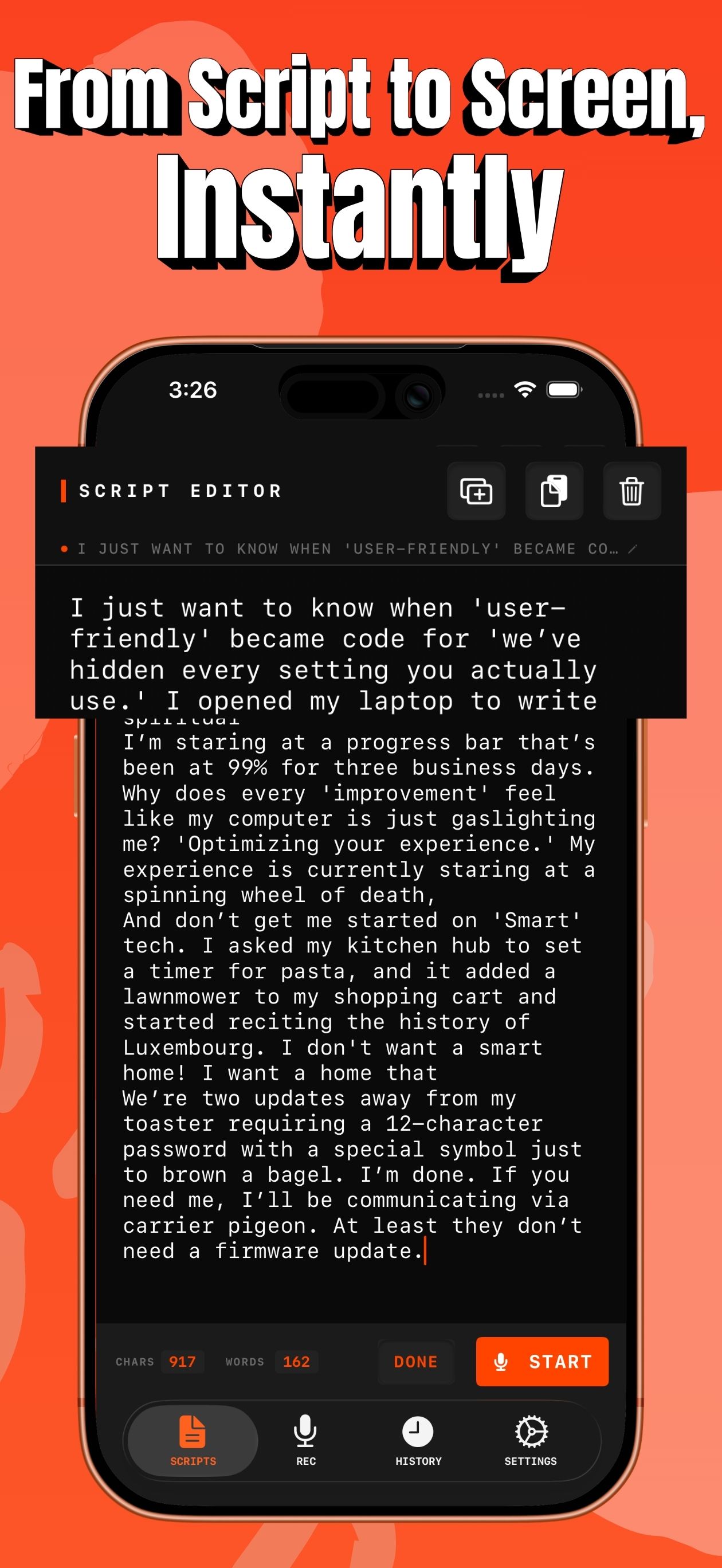 Lines screen: Script To Screen